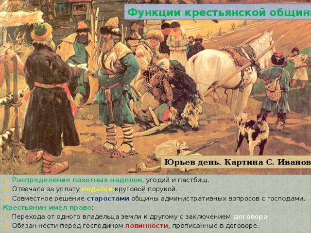 Функции крестьянской общины: Юрьев день. Картина С. Иванова 1. Распределение пахотных наделов , угодий и пастбищ. 2. Отвечала за уплату податей круговой порукой. 3. Совместное решение старостами общины административных вопросов с господами. Крестьянин имел право : 1. Перехода от одного владельца земли к другому с заключением договора . 2. Обязан нести перед господином повинности , прописанные в договоре. 