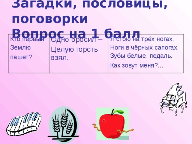 Загадки, пословицы, поговорки  Вопрос на 1 балл Кто первый Землю Одно бросил – Целую горсть взял. пашет?  Я стою на трёх ногах, Ноги в чёрных сапогах. Зубы белые, педаль. Как зовут меня?...  