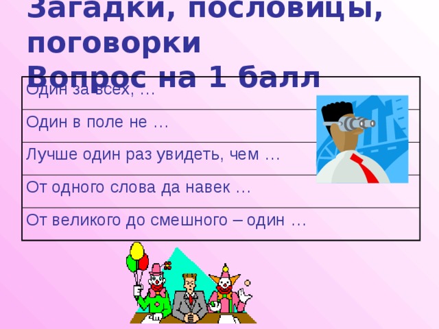 Загадки, пословицы, поговорки  Вопрос на 1 балл Один за всех, … Один в поле не … Лучше один раз увидеть, чем … От одного слова да навек … От великого до смешного – один … 