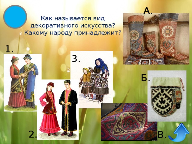 А. Как называется вид декоративного искусства? Какому народу принадлежит? 1. 3. Б. 2. В. 