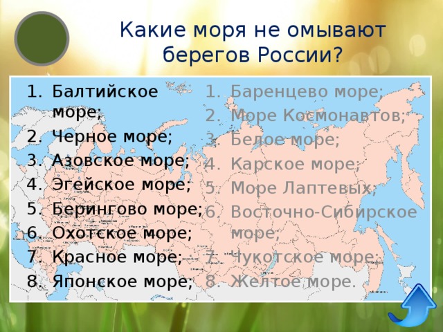 Какие моря не омывают берегов России? Балтийское море; Черное море; Азовское море; Эгейское море; Берингово море; Охотское море; Красное море; Японское море; Баренцево море; Море Космонавтов; Белое море; Карское море; Море Лаптевых; Восточно-Сибирское море; Чукотское море; Желтое море. 