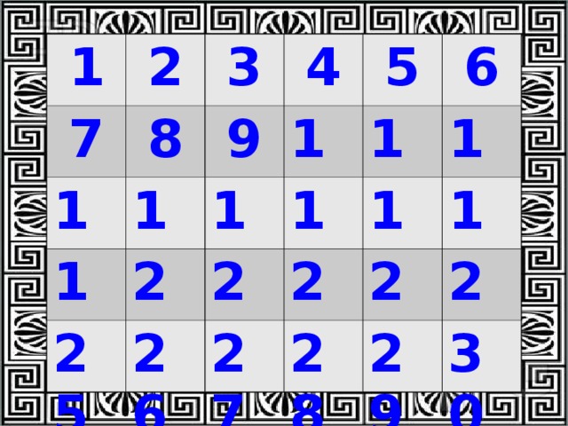 1 2 7 13 3 8 4 9 19 14 25 20 15 5 10 16 21 11 26 6 22 17 27 12 23 28 18 29 24 30 
