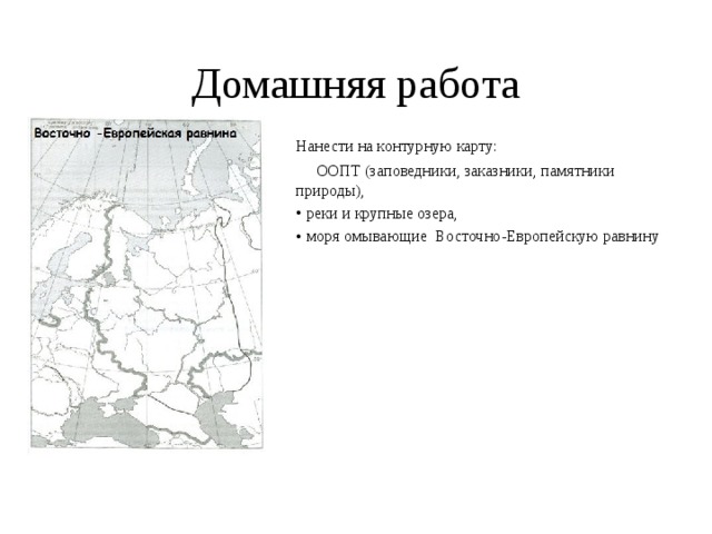 Домашняя работа Нанести на контурную карту:  ООПТ (заповедники, заказники, памятники природы), реки и крупные озера, моря омывающие Восточно-Европейскую равнину 