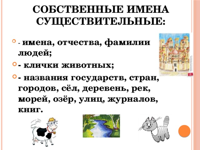 Собственные имена существительные: - имена, отчества, фамилии людей; - клички животных; - названия государств, стран, городов, сёл, деревень, рек, морей, озёр, улиц, журналов, книг. 