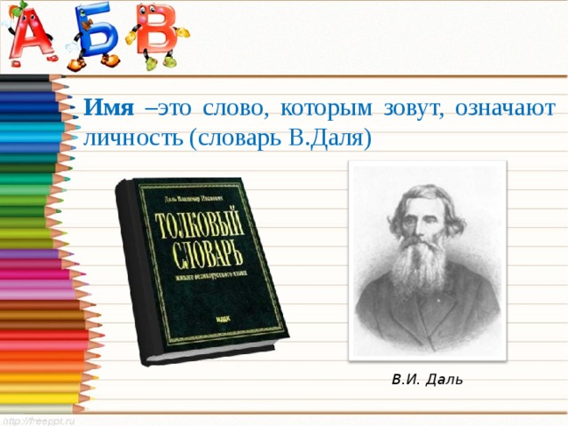 Имя – э то слово, которым зовут, означают личность (словарь В.Даля) В.И. Даль 