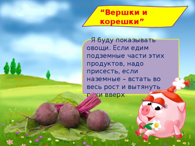 “ Вершки и корешки”    Я буду показывать овощи. Если едим подземные части этих продуктов, надо присесть, если наземные – встать во весь рост и вытянуть руки вверх   