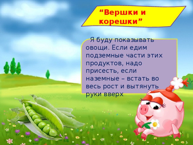 “ Вершки и корешки”    Я буду показывать овощи. Если едим подземные части этих продуктов, надо присесть, если наземные – встать во весь рост и вытянуть руки вверх   