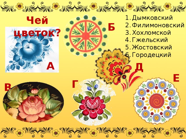 Чей цветок? Дымковский Филимоновский Хохломской Гжельский Жостовский Городецкий Б А Д Е Г В 
