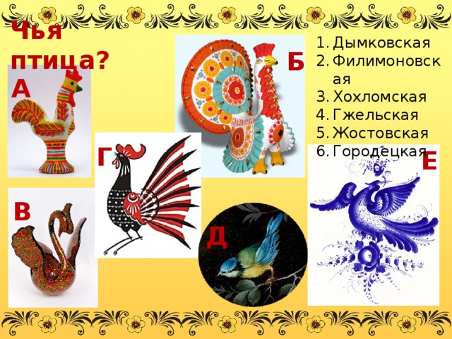 Чья птица? Дымковская Филимоновская Хохломская Гжельская Жостовская Городецкая Б А Г Е В Д 