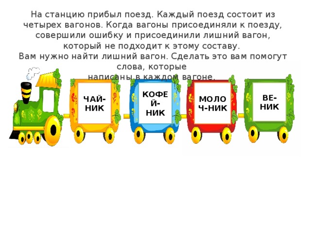 На станцию прибыл поезд. Каждый поезд состоит из четырех вагонов. Когда вагоны присоединяли к поезду, совершили ошибку и присоединили лишний вагон, который не подходит к этому составу. Вам нужно найти лишний вагон. Сделать это вам помогут слова, которые написаны в каждом вагоне. ЧАЙ-НИК КОФЕЙ-НИК МОЛОЧ-НИК ВЕ- НИК 