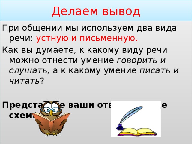Делаем вывод При общении мы используем два вида речи: устную и письменную. Как вы думаете, к какому виду речи можно отнести умение говорить и слушать, а к какому умение писать и читать ? Представьте ваши ответы в виде схемы. 
