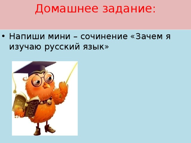 Домашнее задание:   Напиши мини – сочинение «Зачем я изучаю русский язык» 