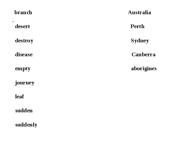  branch Australia     desert Perth   destroy Sydney   disease Canberra   empty aborigines    journey    leaf   sudden   suddenly       