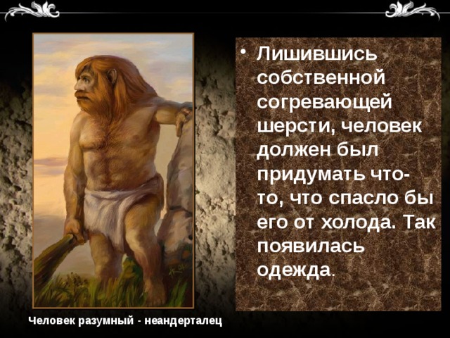 Лишившись собственной согревающей шерсти, человек должен был придумать что-то, что спасло бы его от холода. Так появилась одежда . Человек разумный - неандерталец 