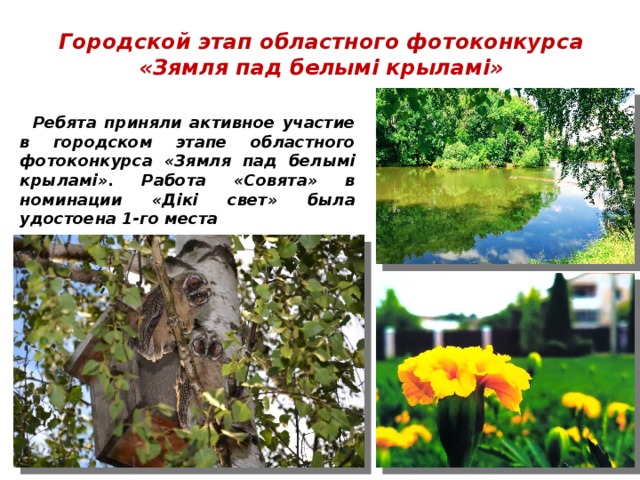 Городской этап областного фотоконкурса  «Зямля пад белымі крыламі»   Ребята приняли активное участие в городском этапе областного фотоконкурса «Зямля пад белымі крыламі». Работа «Совята» в номинации «Дікі свет» была удостоена 1-го места 