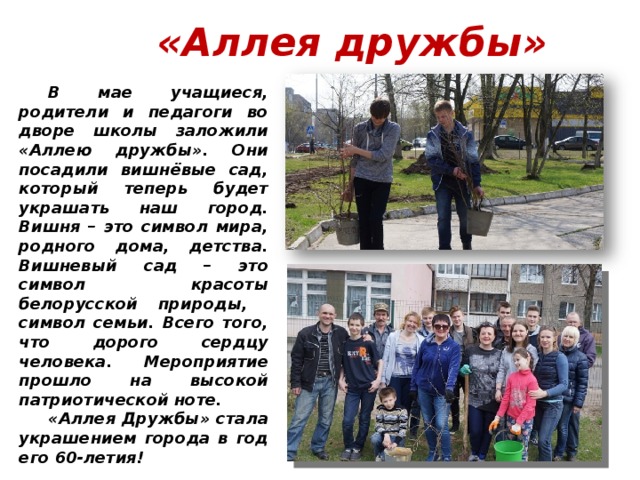 «Аллея дружбы» В мае учащиеся, родители и педагоги во дворе школы заложили «Аллею дружбы». Они посадили вишнёвые сад, который теперь будет украшать наш город. Вишня – это символ мира, родного дома, детства. Вишневый сад – это символ красоты белорусской природы, символ семьи. Всего того, что дорого сердцу человека. Мероприятие прошло на высокой патриотической ноте. «Аллея Дружбы» стала украшением города в год его 60-летия! 