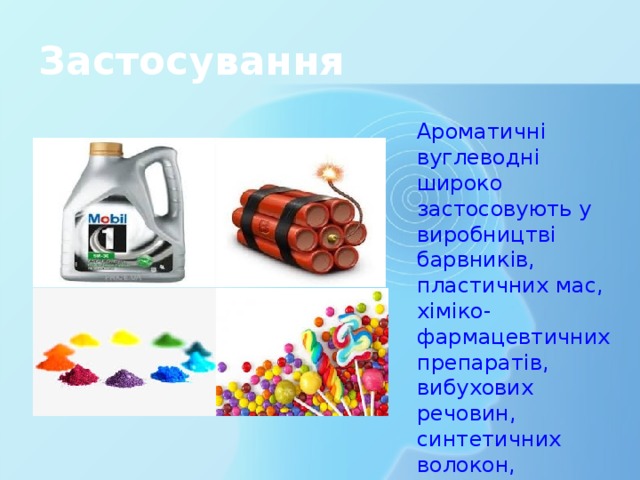 Застосування Ароматичні вуглеводні широко застосовують у виробництві барвників, пластичних мас, хіміко-фармацевтичних препаратів, вибухових речовин, синтетичних волокон, моторного палива тощо. 