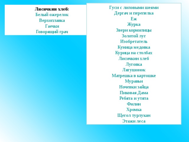 Гуси с лиловыми шеями Дергач и перепелка Еж Журка Звери кормилицы Золотой луг Изобретатель Куница медовка Курица на столбах Лисичкин хлеб Луговка Лягушонок Матрешка в картошке Муравьи Ночевки зайца Пиковая Дама Ребята и утята Филин Хромка Щегол турлукан Этажи леса Лисичкин хлеб: Белый ожерелок Верхоплавка Гаечки Говорящий грач 