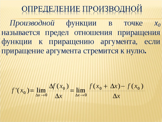 Производной функции в точке x 0 называется предел отношения приращения функции к приращению аргумента, если приращение аргумента стремится к нулю . 