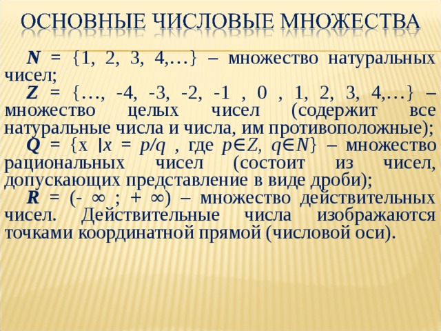 N = {1, 2, 3, 4,…} – множество натуральных чисел; Z = {…, -4, -3, -2, -1 , 0 , 1, 2, 3, 4,…} – множество целых чисел (содержит все натуральные числа и числа, им противоположные); Q = {x ׀ х = p/q , где p ∈ Z, q ∈ N } – множество рациональных чисел (состоит из чисел, допускающих представление в виде дроби); R = (- ∞ ; + ∞) – множество действительных чисел. Действительные числа изображаются точками координатной прямой (числовой оси). 