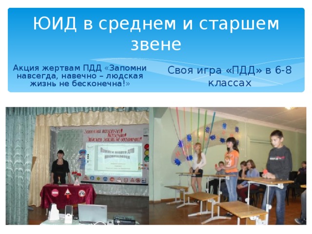 ЮИД в среднем и старшем звене Акция жертвам ПДД «Запомни навсегда, навечно – людская жизнь не бесконечна!» Своя игра «ПДД» в 6-8 классах 