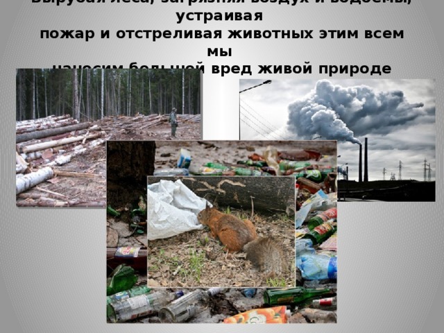 Вырубая леса, загрязняя воздух и водоёмы, устраивая  пожар и отстреливая животных этим всем мы  наносим большой вред живой природе   