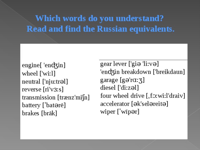 Which words do you understand? Read and find the Russian equivalents.       engine [ 'enʤin ]  ] wheel ['wi:l] neutral ['nju:trəl] reverse [ri'vɜ:s] transmission [trænz'miʃn] battery [ˈbatərē] brakes [brāk]   gear lever ['giə 'li:və] 'enʤin breakdown ['breikdaun] garage [gə'rɑ:ʒ] diesel ['di:zəl] four wheel drive [ˌfɔ:wi:l'draiv] accelerator [ək'seləreitə] wiper [ˈwīpər] 