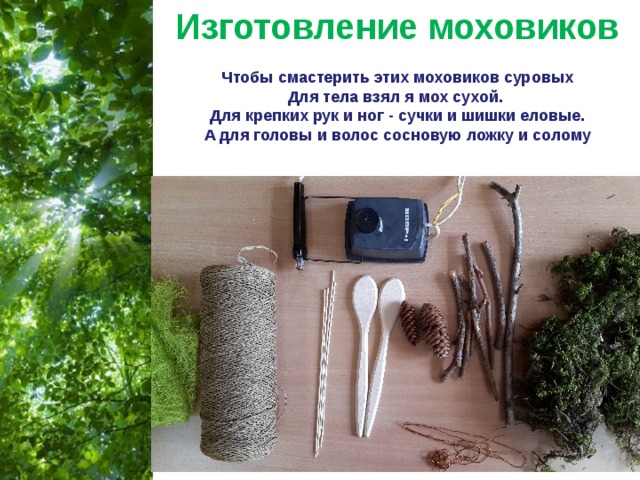 Изготовление моховиков Чтобы смастерить этих моховиков суровых Для тела взял я мох сухой. Для крепких рук и ног - сучки и шишки еловые. А для головы и волос сосновую ложку и солому 