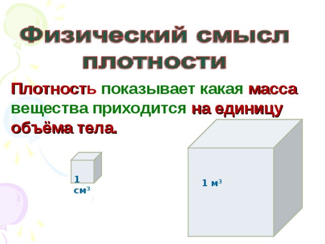 1 см 3 Плотност ь показывает какая масса  вещества приходится на единицу объёма тела. 1 м 3 
