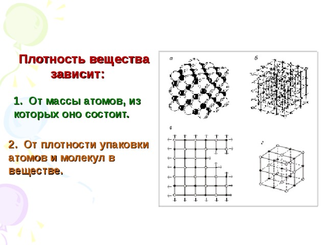Плотность вещества  зависит: 1. От массы атомов, из которых оно состоит. 2. От плотности упаковки атомов и молекул в веществе. 