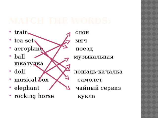 Match the words: train слон tea set мяч aeroplane поезд ball музыкальная шкатулка doll лошадь-качалка musical box самолет elephant чайный сервиз rocking horse кукла 