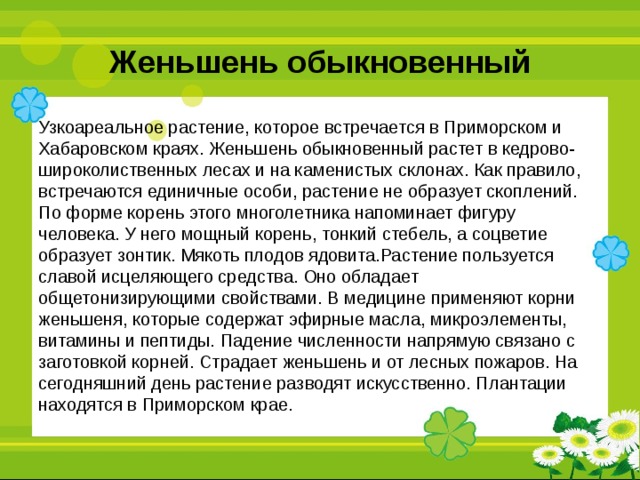 Женьшень обыкновенный Узкоареальное растение, которое встречается в Приморском и Хабаровском краях. Женьшень обыкновенный растет в кедрово-широколиственных лесах и на каменистых склонах. Как правило, встречаются единичные особи, растение не образует скоплений. По форме корень этого многолетника напоминает фигуру человека. У него мощный корень, тонкий стебель, а соцветие образует зонтик. Мякоть плодов ядовита.Растение пользуется славой исцеляющего средства. Оно обладает общетонизирующими свойствами. В медицине применяют корни женьшеня, которые содержат эфирные масла, микроэлементы, витамины и пептиды. Падение численности напрямую связано с заготовкой корней. Страдает женьшень и от лесных пожаров. На сегодняшний день растение разводят искусственно. Плантации находятся в Приморском крае. 