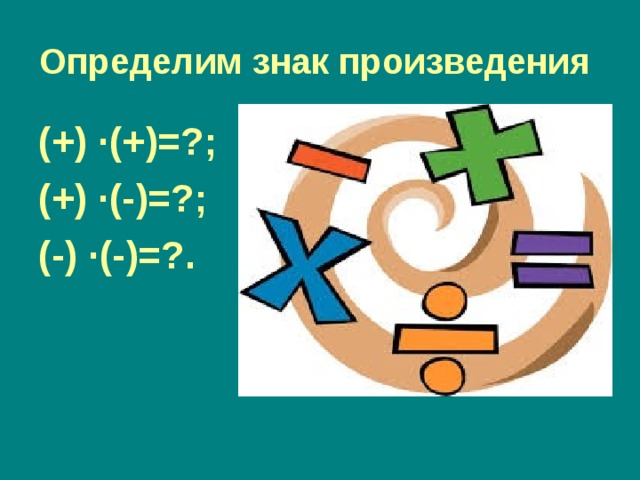 Определим знак произведения  (+) ∙ (+)=?; (+) ∙ (-)=?; (-) ∙ (-)=?. 