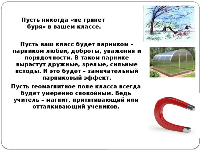 Пусть ваш класс будет парником – парником любви, доброты, уважения и порядочности. В таком парнике вырастут дружные, зрелые, сильные всходы. И это будет – замечательный парниковый эффект. Пусть никогда «не грянет буря» в вашем классе. Пусть геомагнитное поле класса всегда будет умеренно спокойным. Ведь учитель – магнит, притягивающий или отталкивающий учеников.
