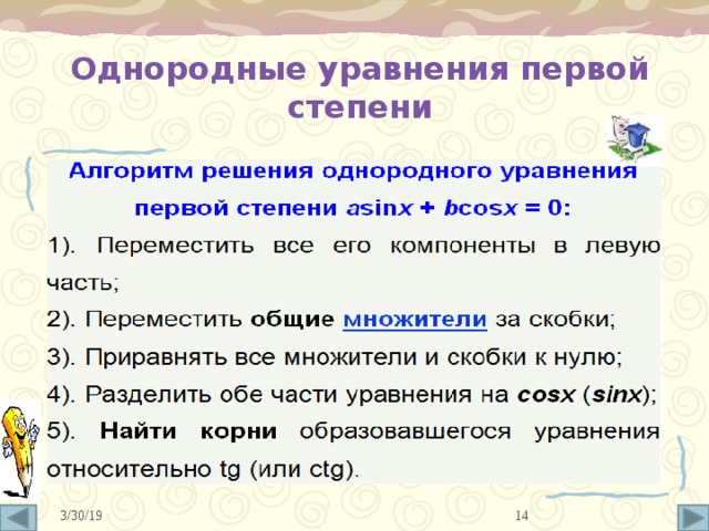 Однородные уравнения первой степени 10 3/30/19 
