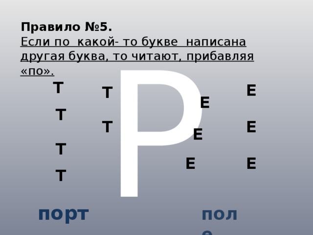 Правило №5. Если по какой- то букве написана другая буква, то читают, прибавляя «по». Р Л Т Е Т Е Т Т Е Е Т Е Е Т  порт поле 