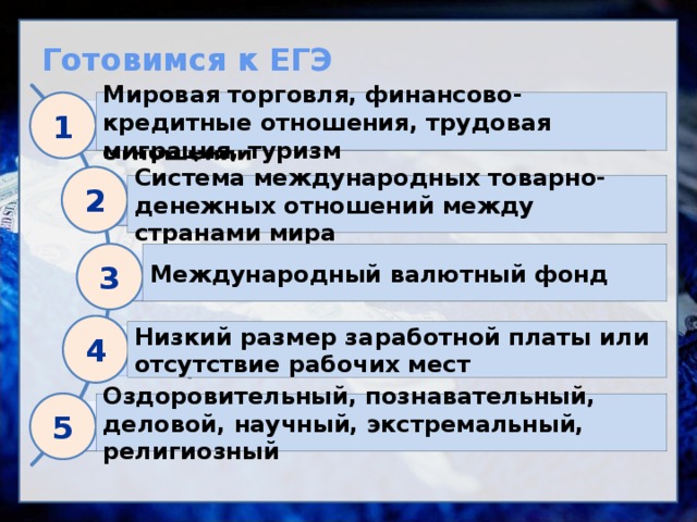 Готовимся к ЕГЭ 1 Мировая торговля, финансово-кредитные отношения, трудовая миграция, туризм Назовите основные формы международных экономических отношений 2 Что называется мировой торговлей? Система международных товарно-денежных отношений между странами мира 3 Международный валютный фонд Что относится к регуляторам движения капитала? 4 Низкий размер заработной платы или отсутствие рабочих мест Каковы причины трудовой миграции? 5 Оздоровительный, познавательный, деловой, научный, экстремальный, религиозный Какие выделяют виды туризма в зависимости от цели?  