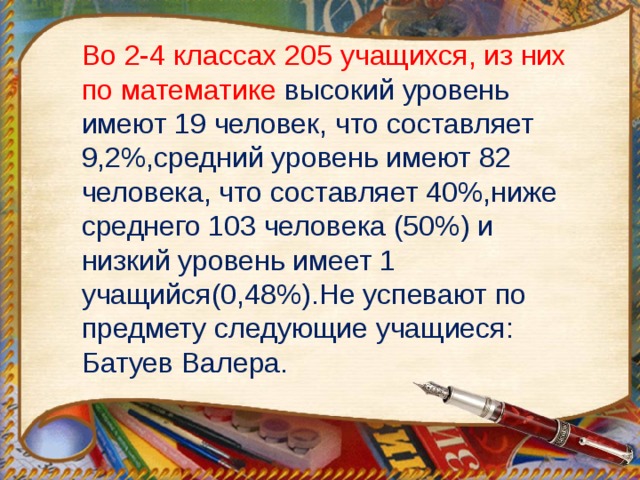 Во 2-4 классах 205 учащихся, из них по математике высокий уровень имеют 19 человек, что составляет 9,2%,средний уровень имеют 82 человека, что составляет 40%,ниже среднего 103 человека (50%) и низкий уровень имеет 1 учащийся(0,48%).Не успевают по предмету следующие учащиеся: Батуев Валера. 