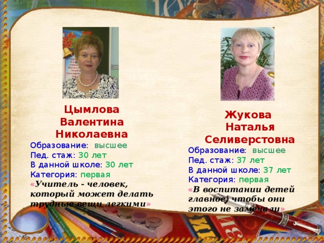 Цымлова Валентина Николаевна Образование:  высшее Пед. стаж:  30 лет В данной школе:  30 лет  Категория: первая « Учитель - человек, который может делать трудные вещи легкими » Жукова Наталья Селиверстовна Образование:  высшее Пед. стаж:  37 лет В данной школе:  37 лет  Категория: первая « В воспитании детей главное, чтобы они этого не замечали » 