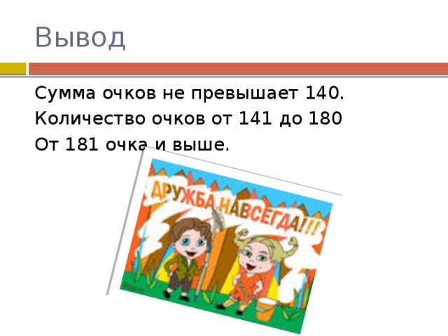 Вывод Сумма очков не превышает 140. Количество очков от 141 до 180 От 181 очка и выше. 