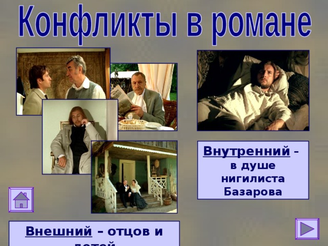 Внутренний –  в душе нигилиста Базарова Внешний – отцов и детей 