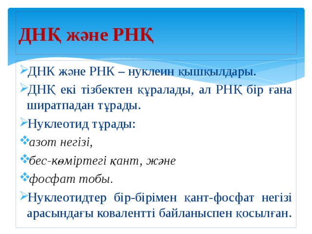 ДНҚ және РНҚ ДНК және РНК – нуклеин қышқылдары. ДНҚ екі тізбектен құралады, ал РНҚ бір ғана ширатпадан тұрады. Нуклеотид тұрады: азот негізі, бес-көміртегі қант, және фосфат тобы. Нуклеотидтер бір-бірімен қант-фосфат негізі арасындағы ковалентті байланыспен қосылған. 