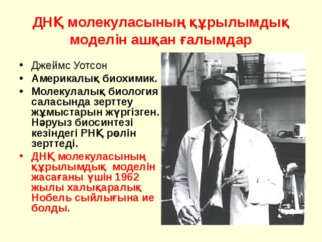 ДНҚ молекуласының құрылымдық моделін ашқан ғалымдар Джеймс Уотсон Америкалық биохимик. Молекулалық биология саласында зерттеу жұмыстарын жүргізген. Нәруыз биосинтезі кезіндегі РНҚ рөлін зерттеді. ДНҚ молекуласының құрылымдық моделін жасағаны үшін 19 62 жылы халықаралық Нобель сыйлығына ие болды. 