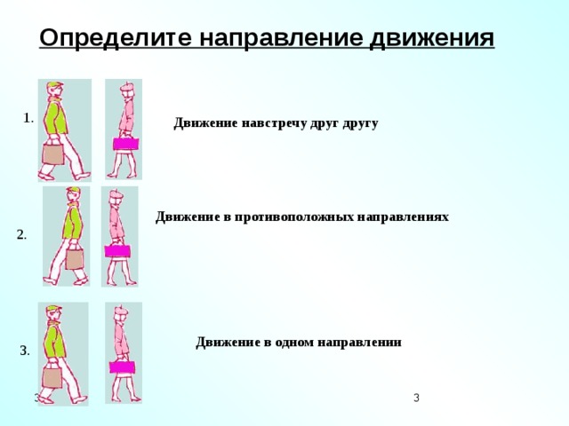 Определите направление движения 1. Движение навстречу друг другу Движение в противоположных направлениях 2. Движение в одном направлении 3. 3/31/19  