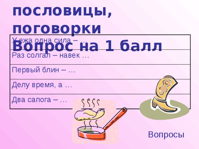 Загадки, пословицы, поговорки  Вопрос на 1 балл У ежа одна сила – … Раз солгал – навек … Первый блин – … Делу время, а … Два сапога – … Вопросы 
