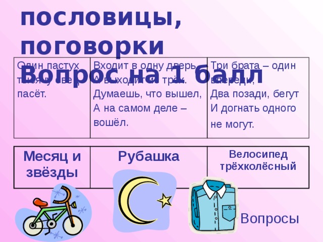 Загадки, пословицы, поговорки  Вопрос на 1 балл Один пастух тысячу овец Входит в одну дверь, А выходит из трёх. пасёт. Три брата – один впереди, Думаешь, что вышел, А на самом деле – Два позади, бегут вошёл. И догнать одного не могут.  Месяц и звёзды Рубашка Велосипед трёхколёсный  Вопросы 