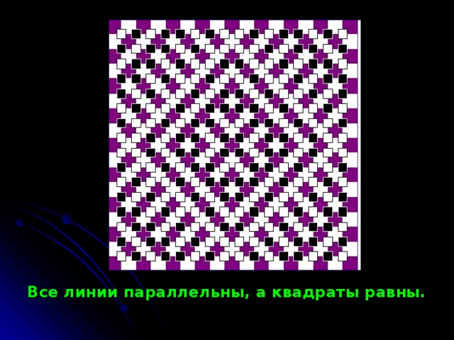 Все линии параллельны, а квадраты равны. 