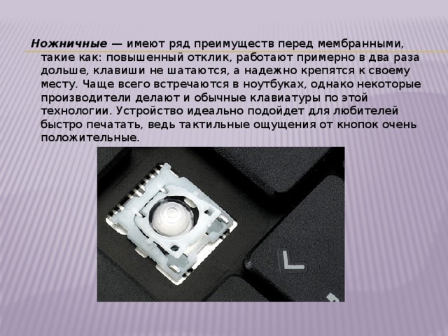 Ножничные  — имеют ряд преимуществ перед мембранными, такие как: повышенный отклик, работают примерно в два раза дольше, клавиши не шатаются, а надежно крепятся к своему месту. Чаще всего встречаются в ноутбуках, однако некоторые производители делают и обычные клавиатуры по этой технологии. Устройство идеально подойдет для любителей быстро печатать, ведь тактильные ощущения от кнопок очень положительные. 