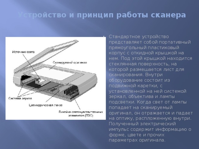Устройство и принцип работы сканера Стандартное устройство представляет собой портативный прямоугольный пластиковый корпус с откидной крышкой на нем. Под этой крышкой находится стеклянная поверхность, на которой размешается лист для сканирования. Внутри оборудование состоит из подвижной каретки, с установленной на ней системой зеркал, объектива и лампы подсветки. Когда свет от лампы попадает на сканируемый оригинал, он отражается и падает на оптику, распложенную внутри. Полученный электрический импульс содержит информацию о форме, цвете и прочих параметрах оригинала.   