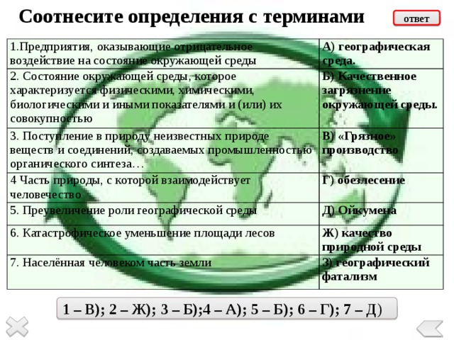 Соотнесите определения с терминами ответ 1.Предприятия, оказывающие отрицательное воздействие на состояние окружающей среды 2. Состояние окружающей среды, которое характеризуется физическими, химическими, биологическими и иными показателями и (или) их совокупностью А) географическая среда. Б) Качественное загрязнение окружающей среды. 3. Поступление в природу неизвестных природе веществ и соединений, создаваемых промышленностью органического синтеза… В) «Грязное» производство 4 Часть природы, с которой взаимодействует человечество  Г) обезлесение 5. Преувеличение роли географической среды Д) Ойкумена 6. Катастрофическое уменьшение площади лесов 7. Населённая человеком часть земли Ж) качество природной среды З) географический фатализм 1 – В); 2 – Ж); 3 – Б);4 – А); 5 – Б); 6 – Г); 7 – Д ) 